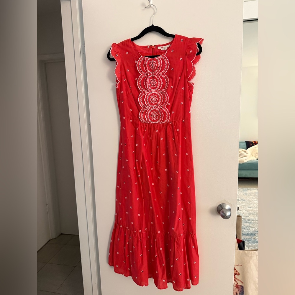 Boden Red Eyelet Midi Dress with White Embroidery